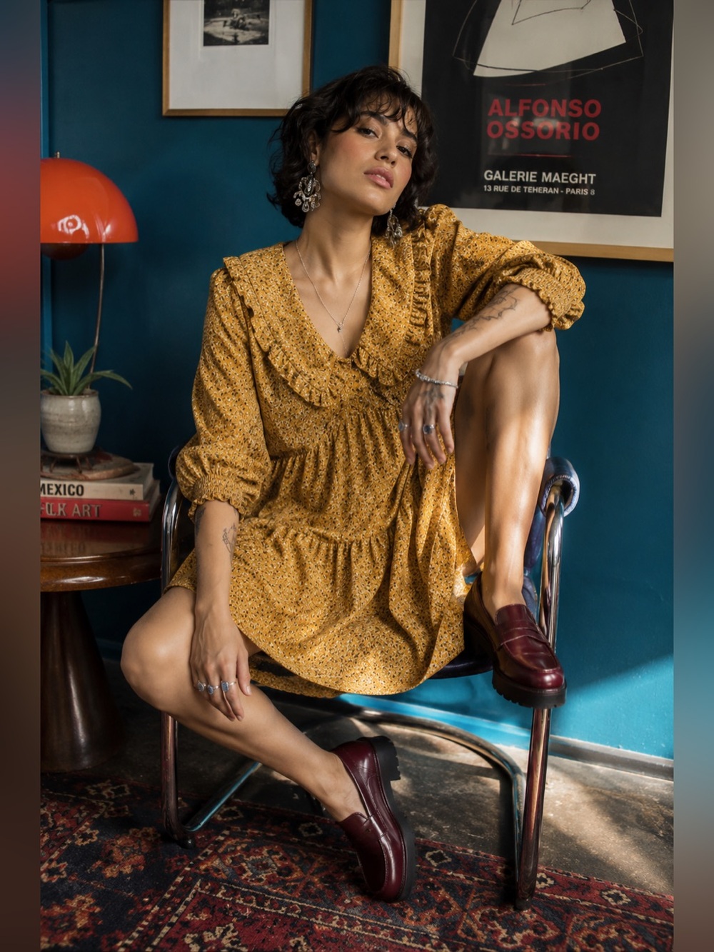 Mustard Ditsy Floral Ruffle Collar Babydoll Mini Dress M/L
